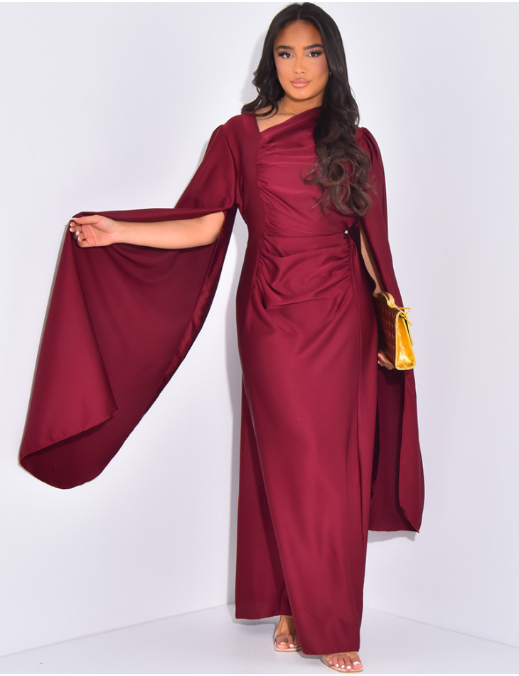 Gathered satin long dress with long sleeves