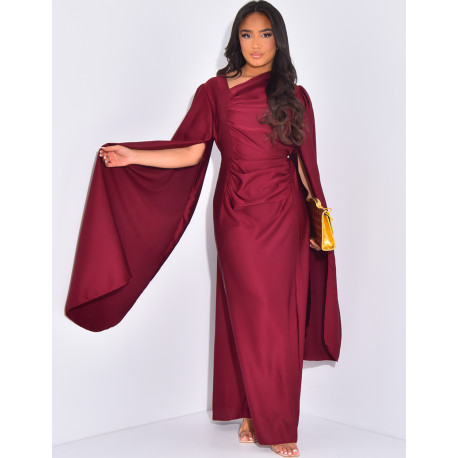 Gathered satin long dress with long sleeves