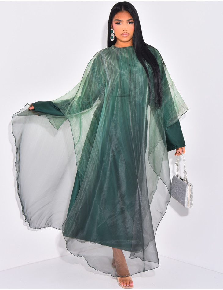 Abaya with satin under-dress and printed iridescent voile cape