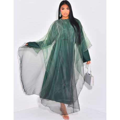 Abaya with satin under-dress and printed iridescent voile cape