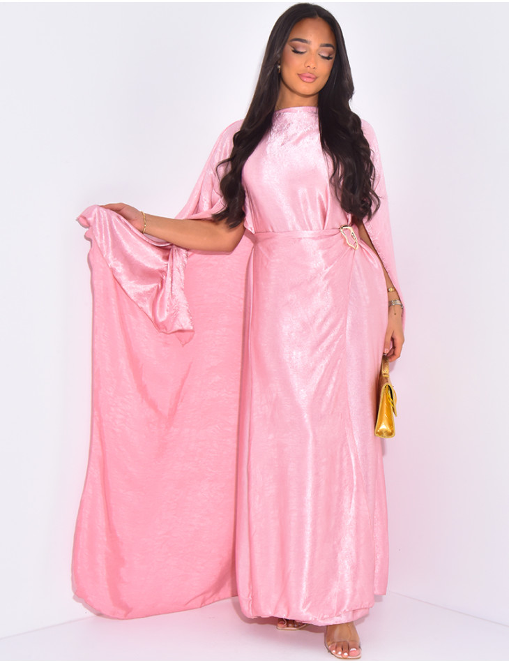 Satin maxi dress with cape and jewelled waistband